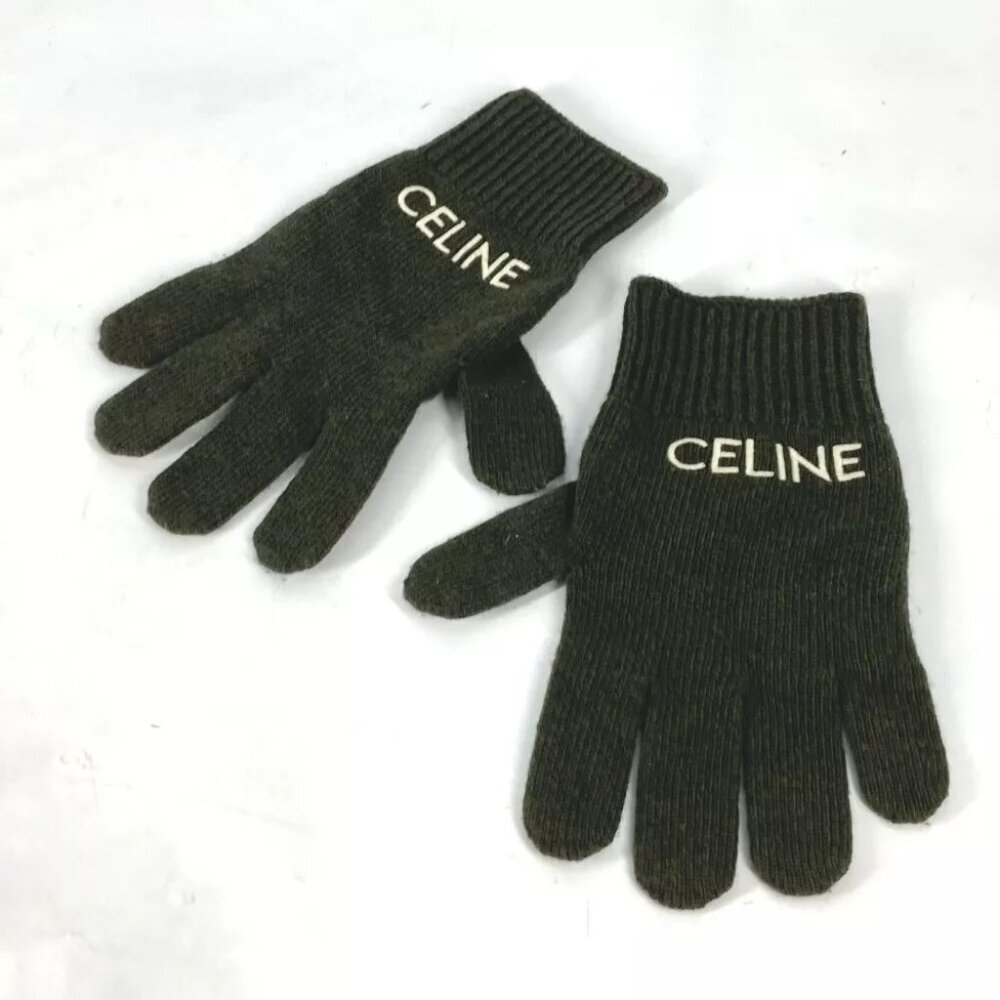 Auth CELINE 2AC55588S Logo embroidery gloves Glove wool khaki/White